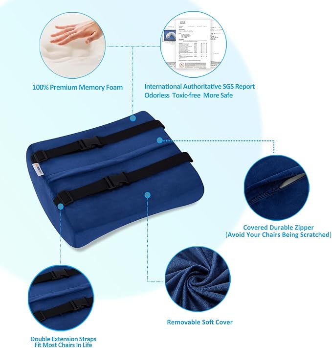 SAIREIDER Office Chair Lumbar Pillow, Memory Foam Back Support Pillows for Car、Gaming Chair、 Home Chair, Fatigue Relief Correct Posture, Double Adjustable Straps(Navy Blue)