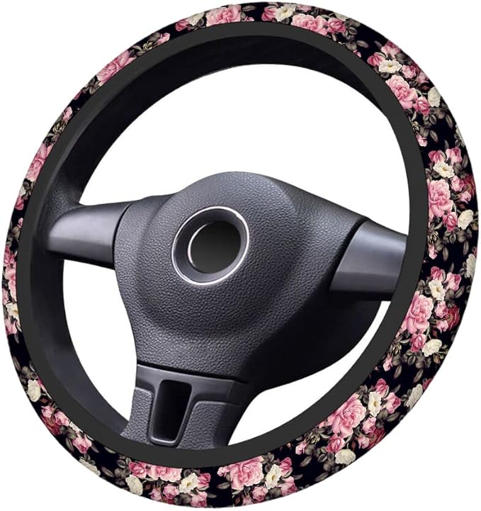 Swono Roses Car Steering Wheel Cover,Watercolor Floral Rose Peony Safe Driving Anti-Slip Steering Wheel Covers Steering Wheel Protection Case No Smell Universal 15 Inch