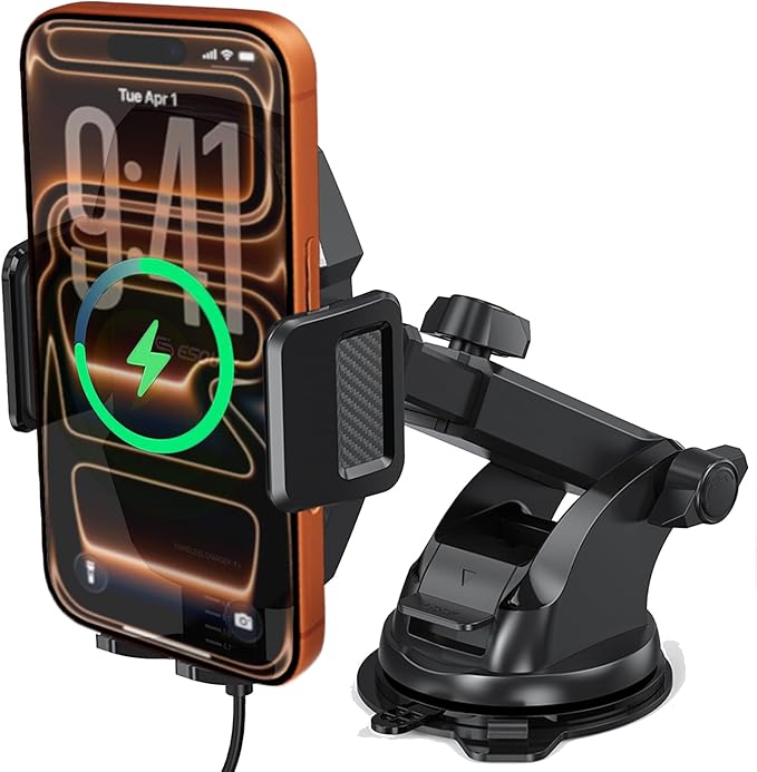 Esoulk Wireless Car Charger Phone Holder – 15W Fast Charging Holder with Auto Clamping, One-Touch Release, Dashboard & Windshield Mount – for iPhone 17/16/15/14/13 Pro Max, Samsung Galaxy S24/S23/S22