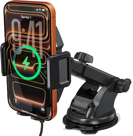 Esoulk Wireless Car Charger Phone Holder – 15W Fast Charging Holder with Auto Clamping, One-Touch Release, Dashboard & Windshield Mount – for iPhone 17/16/15/14/13 Pro Max, Samsung Galaxy S24/S23/S22