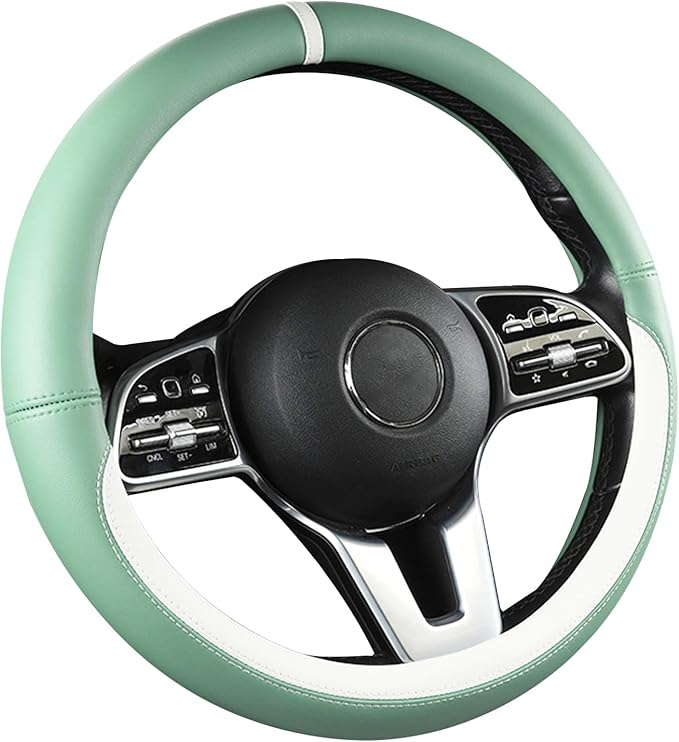 Green & White Nappa Leather Steering Wheel Cover, Cute Car Steering Wheel Cover for Men Women, 14.5-15 Inch Non-Slip Breathable Microfiber Leather Car Steering Wheel Protector