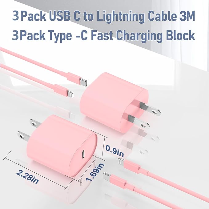 i Phone Charger Fast Charging 10 FT, 3-Pack 20W PD USB C Block with i Phone 14 13 Charger Cable 10 Foot, Compatible with iPhone 14 Pro 13Pro Max 12 11Pro Mini - Pink