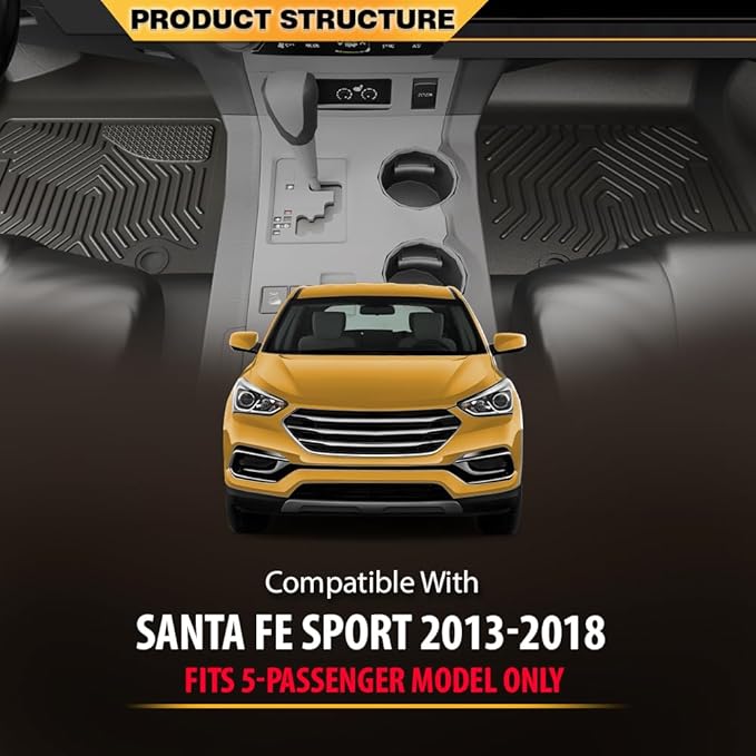 TPE Floor Mats Cargo Mats, Compatible with Santa Fe Sport 2013-2018 (Fits 5-Passenger Model Only), 1st & 2nd Row 3PCS, All Weather Full Cover Protection, Black Cargo Liner Interior Accessories