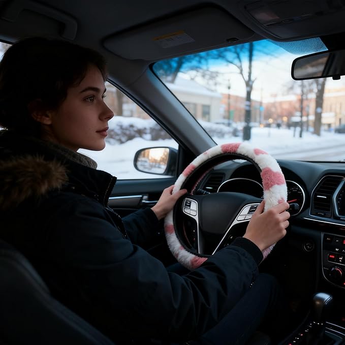 Pink Cow Fuzzy Steering Wheel Cover for Women, Universal Auto Steering Wheel 14-15 Inch Soft Warm Car Interior Accessories with 2PCS Car Coasters, Suitable for Men and Women