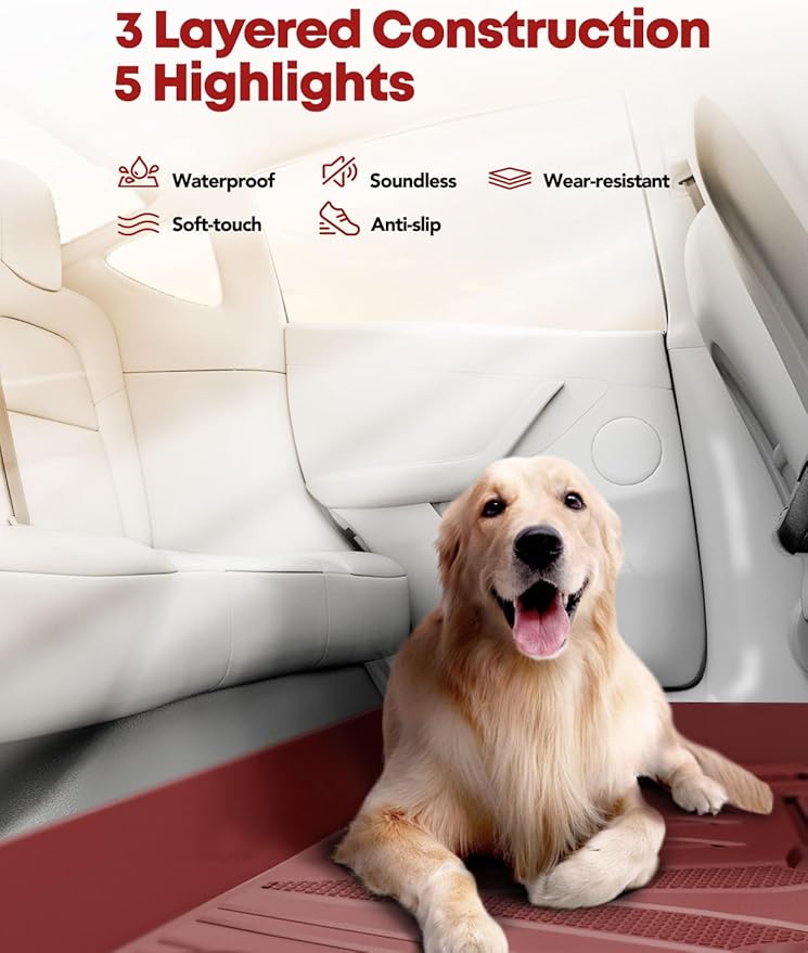 YHTAUTO Floor Mats Compatible with Tesla Model 3 2021-2023, All Weather TPE Front Rear Cargo Liner, Rear Storage Mats, Model 3 Accessories, Red, Set of 6