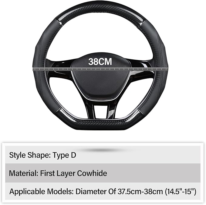 Ergocar Car Steering Wheel Cover Non-Slip Car Steering Wheel Protector Sport D-Shape Carbon Fiber & First Layer Cowhide Universal for Diameter 38cm(15") (D-Black)