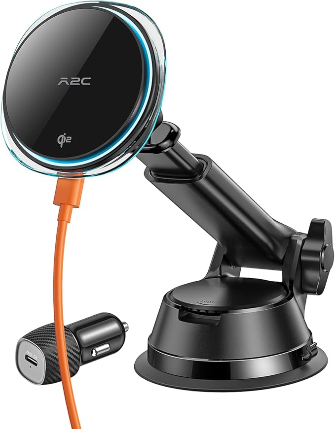 A2C for Qi2 15W Magsafe Car Mount Charger for Dashboard, Qi2-Certified Wireless MagSafe Car Charger with Semiconductor Cooler, Vacuum Magnetic Phone Holder for iPhone 17-12 Series [with PD Adapter]