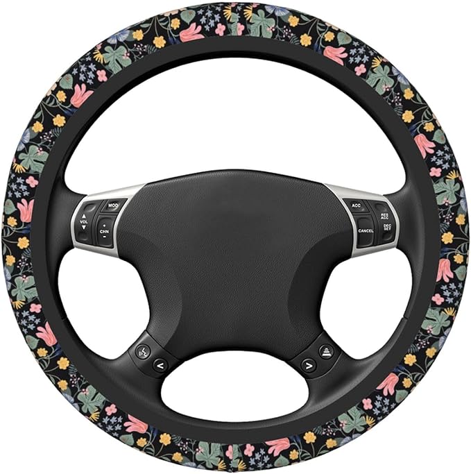 Flowers and Strawberries Steering Wheel Cover for Men Women Universal Car Accessories 15 Inch Neoprene Auto Interior Decor