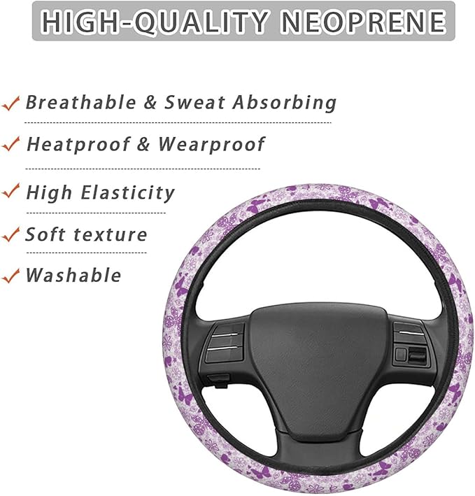 Dujiea Hearts and Butterflies Elastic Stretch Steering Wheel Cover, Anti-Slip and Durable Car Steering Wheel Accessories for Women Men, 15 Inch Universal Fit Car, Truck, SUV