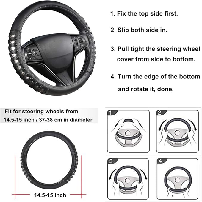 West Llama Microfiber Leather Car Steering Wheel Cover for Men Women,Universal Fit 14.5-15 inch(Leather Nails-Gray+Black-Standard Size)