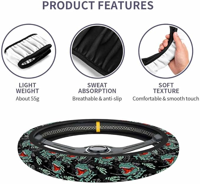 Dinosaur Head Steering Wheel Cover Open Mouth with Teeth Showing Steering Wheel Cover for Women Men Anti-Slip Breathable Steering Wheel Protector Car Accessories