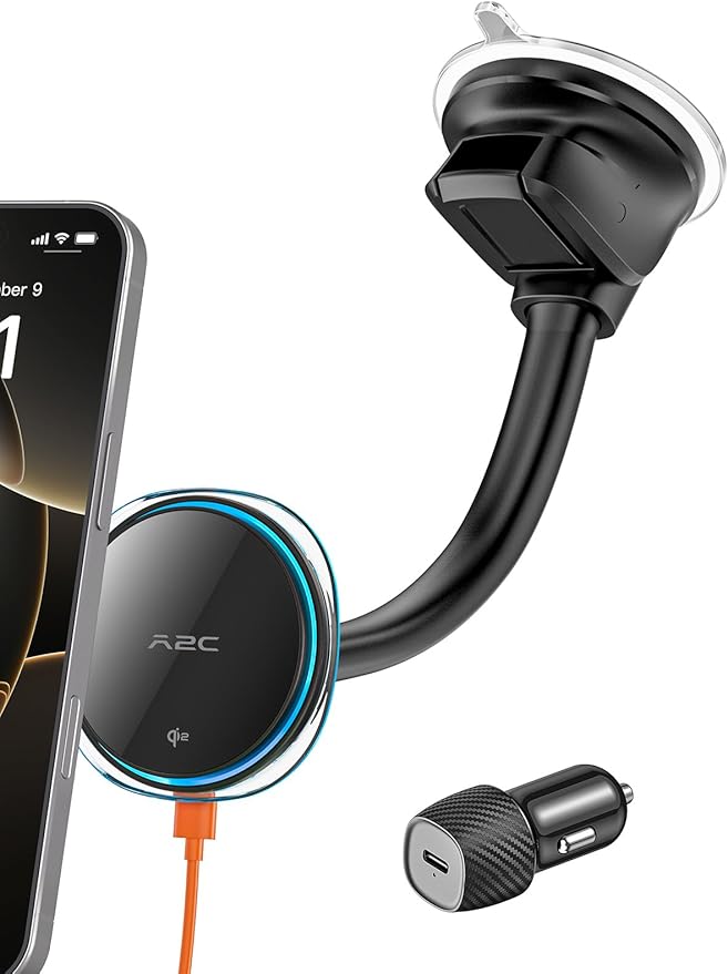 A2C for Qi2 15W MagSafe Car Mount Charger, Magnetic Car Phone Holder Windshield Dashboard [Semiconductor Cooler, PD 30W Adapter, 10.6cm Gooseneck] Fast Charging Wireless Car Charger for iPhone Only