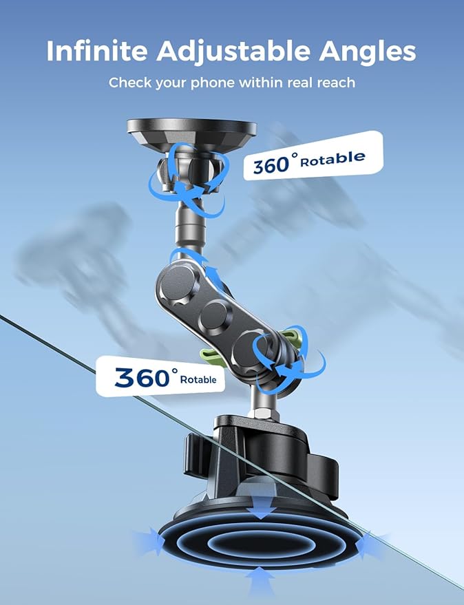 MAGIC JOHN Magnetic Car Phone Holder [Strong Suction&Strong Magnetic] 360° Adjustable Car Phone Mount for Windshield, Ultra-Durable Metal, Suction Cup Car Phone Mount for iPhone Samsung All Smartphone