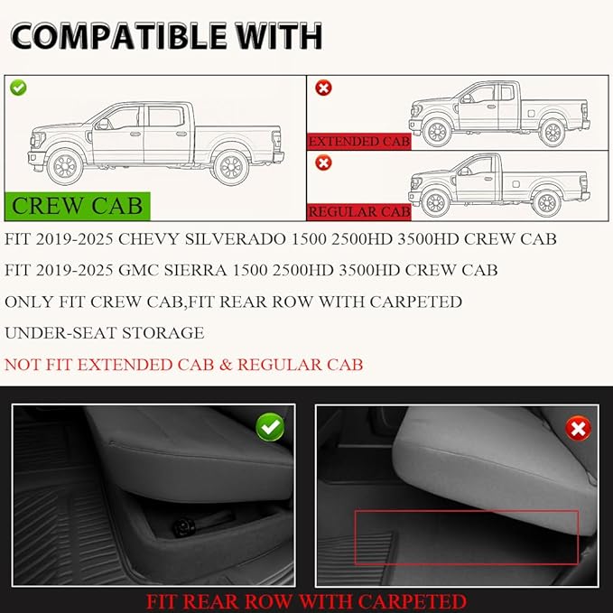 DOTCOM TPE Floor Mats Fit Chevy Silverado/GMC Sierra 1500 2500HD 3500HD Crew Cab 2019-2025(Fit with Rear Under-Seat Storage),1st & 2nd Row All Weather Protection Floor Liners,alfombras para carro 3PCS