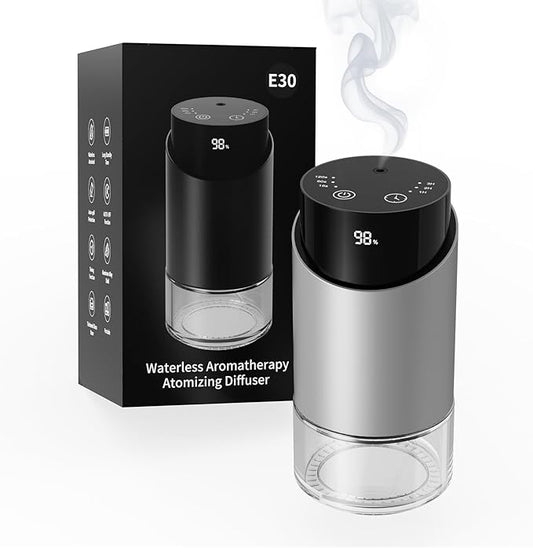 Waterless Essential Oil Diffuser Aromatherapy Scent Diffusers for Home Large Room, Car, Office, Desk, Mini Battery Operated Cordless Air Freshener, 4 Timers & 3 Mist Levels, 100ml Capacity (Silver)