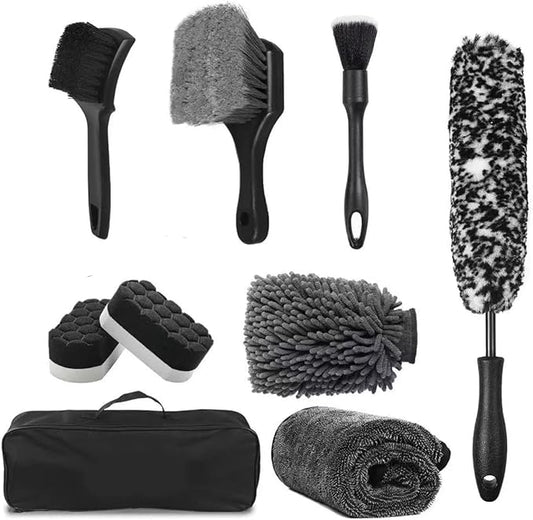 9-Piece Car Cleaning Kit, Including Wheel Cleaning Brush, Microfiber Cleaning Cloth, Soft Bristle Rim Brush, Tire Shine Applicator Pad, and Complete Car Detailing Tools