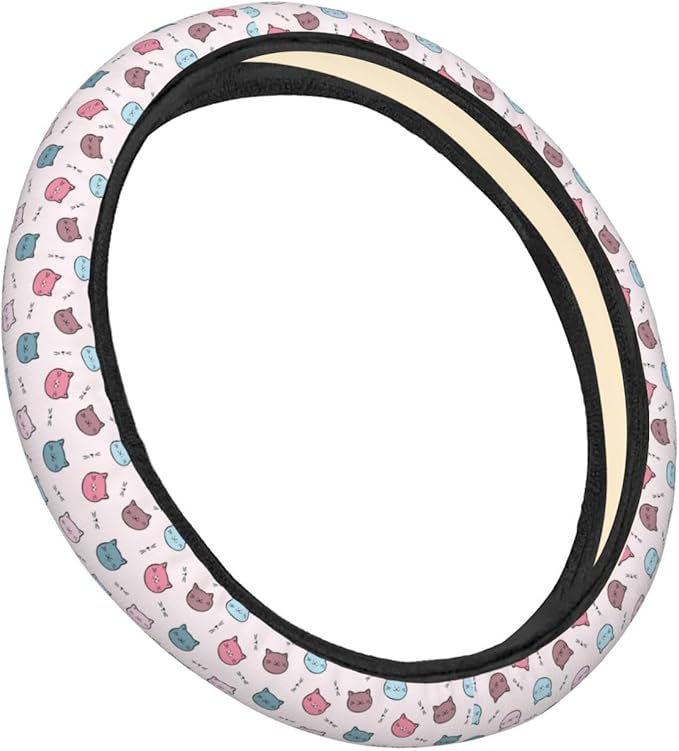 Dujiea Cartoon Cat Face Elastic Stretch Steering Wheel Cover, Anti-Slip and Durable Car Steering Wheel Accessories for Women Men, 15 Inch Universal Fit Car, Truck, SUV
