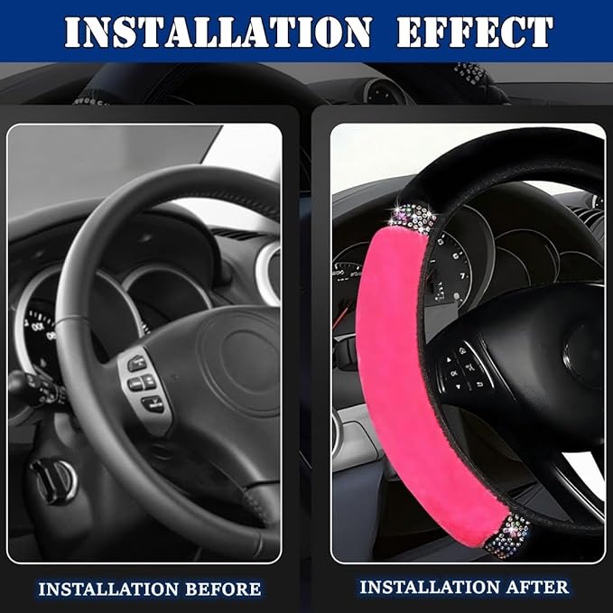 Fluffy Steering Wheel Cover, Universal 15 Inch Colorful Rhinestones Car Steering Wheel Cover, Sparkly Crystal Diamond Steering Wheel Protector for Women Girls,Rose Red