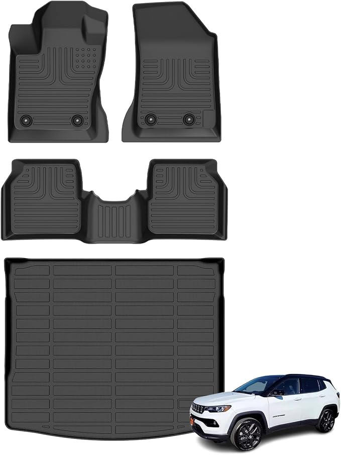 Floor Mats & Cargo Liner for Jeep Compass 2017-2025, All Weather Automotive TPE Floor Liners Set Anti-Slip Waterproof Accessories (Car Mats+Trunk Mat) Black