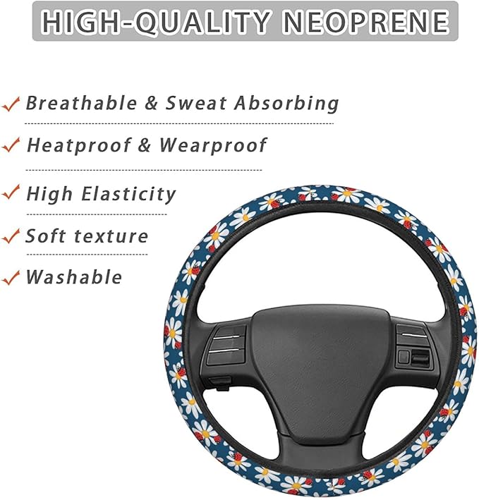 Dujiea Daisies with Ladybugs Elastic Stretch Steering Wheel Cover, Anti-Slip and Durable Car Steering Wheel Accessories for Women Men, 15 Inch Universal Fit Car, Truck, SUV