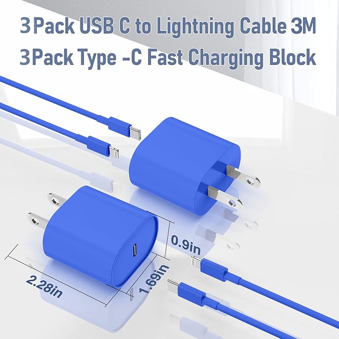 i Phone Charger Fast Charging 10 FT, 3-Pack 20W PD USB C Block with i Phone 14 13 Charger Cable 10 Foot, Compatible with iPhone 14 Pro 13Pro Max 12 11Pro Mini-Blue