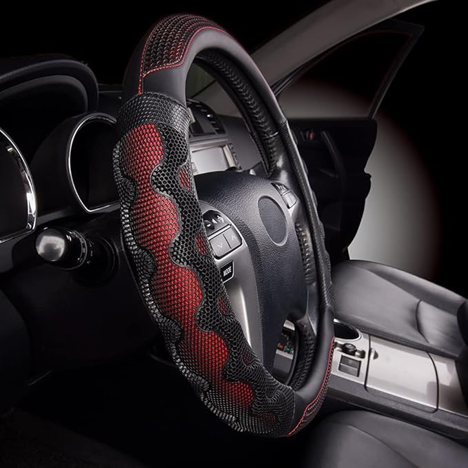 Flying Banner car Steering Wheel Cover Faux Leather Massage Universal fit 3D Honeycomb Hole Anti-Slip Sporty 15 Inches (Red with Black)