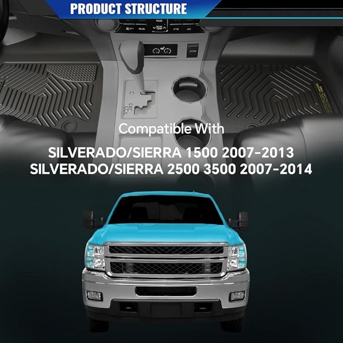 TPE Floor Mats Fit Chevy Silverado GMC Sierra 1500 Crew Cab 2007-2013, Fit Silverado/Sierra 2500 3500 Crew Cab 2007-2014, All Weather Full Cover Protection 1st & 2nd Row Cargo Liner Accessories 3PCS