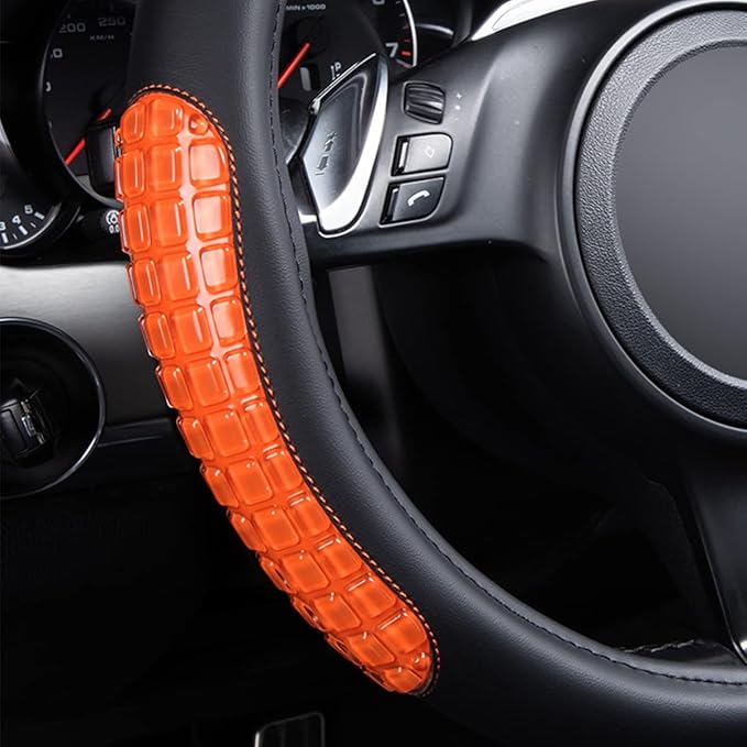 Flying Banner car Steering Wheel Cover Gel Massage Velvet Cool Warm Universal Size 15 inches SUV Truck Anti Slip Odorless Summer Winter (Black Orange, Gel Massage)