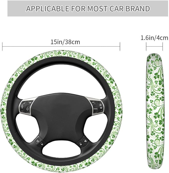 Swono Saint Patrick Day Shamrock Steering Wheel Cushion Case Abstract Flower Clover Leaf Lucky Irish Neoprene Car Steering Wheel Covers 15 Inch Anti Slip Compatible Auto Car Wrap Cover for Men Women