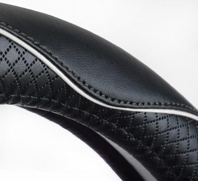 Rueesh Microfiber Leather Steering Wheel Cover Anti-Slip Matte Finish Auto Car Wheel Cover Universal 15 Inch Wheel Cover for Car Embossing Pattern (M (14.5"-15" Diameter), White Line)