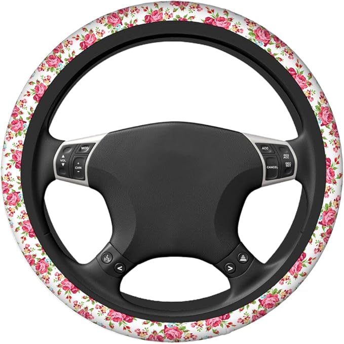Swono Rose and Leaves Pink Car Steering Wheel Cover Universal 15 Inch with Grip Contours Beautiful Floral Pattern with Red Rose Neoprene Auto for Men and Women Non-Slip Breathable Soft