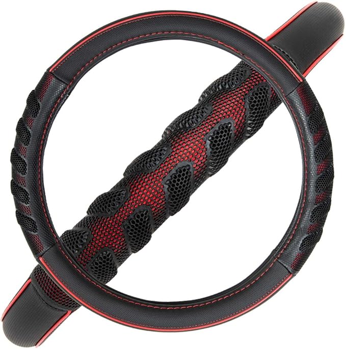 Flying Banner car Steering Wheel Cover Faux Leather Massage Universal fit 3D Honeycomb Hole Anti-Slip Sporty 15 Inches (Red Black)
