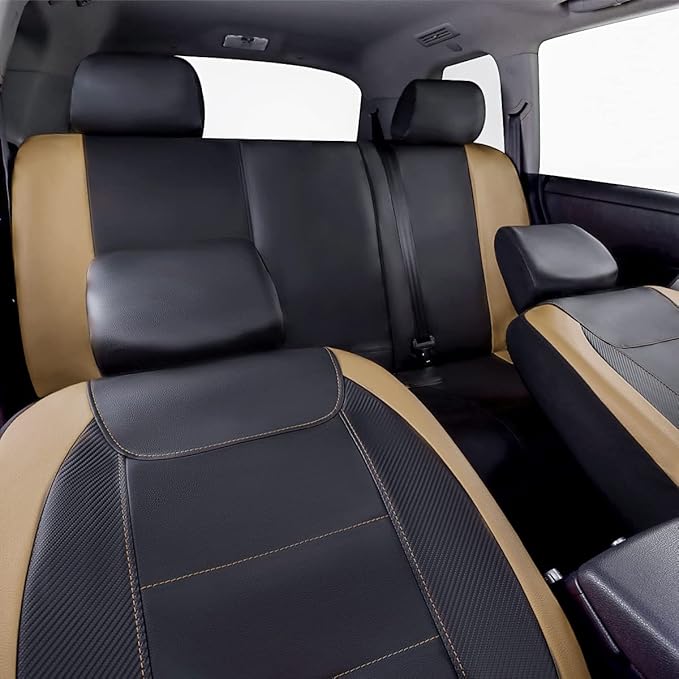 Flying Banner car seat Covers Protects Water Proof Faux Leather Carbon Fiber Front and Rear Bench (Black Beige, Full Set - 8PCS)