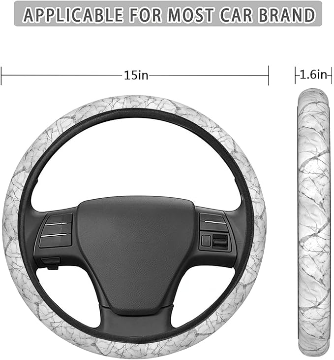 White Marble Texture Steering Wheel Covers Anti-Slip Elasticity Car Accessories Steering Wheel Protector Universal 15 Inch for Cars SUV Vehicle Truck