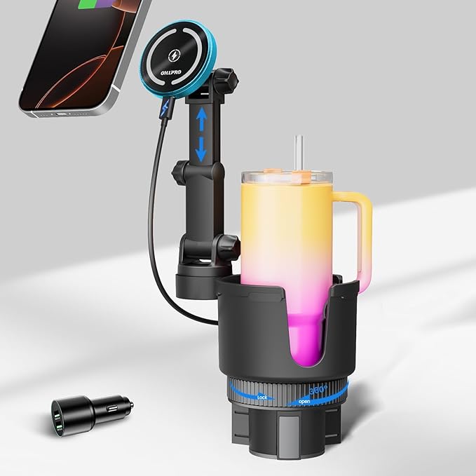 OHLPRO for MagSafe Car Charger Cup Holder Mount, 15W Fast Wireless Magnetic Charging Phone Holder for iPhone 16 15 14 13 12 Series, Adjustable Car Mount with Large Cup Base, One-Hand Operation