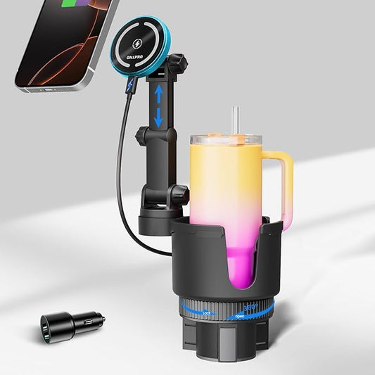 OHLPRO for MagSafe Car Charger Cup Holder Mount, 15W Fast Wireless Magnetic Charging Phone Holder for iPhone 16 15 14 13 12 Series, Adjustable Car Mount with Large Cup Base, One-Hand Operation
