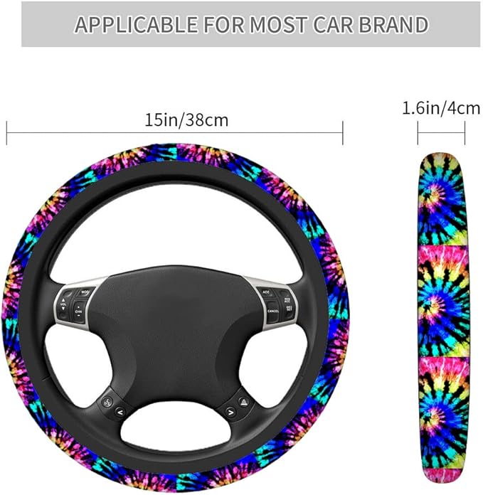 Swono Tie Dye Auto Car Steering Wheel Cover for Women Girls Rainbow Shibori Print 15 Inch Steering Wheel Protector Case,Fits for Automotive Car SUV Sedans