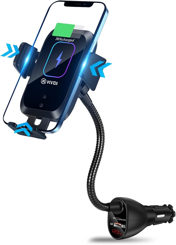 HVDI Wireless Car Charger Mount,Car Cigarette Lighter 15W Qi Fast Charging Auto-Clamping Dual QC 3.0 Port Air Vent Car Charger Phone Holder,for iPhone 13 Pro Max/12/11/XR/X/8,Samsung S21/S20/S10/9/8