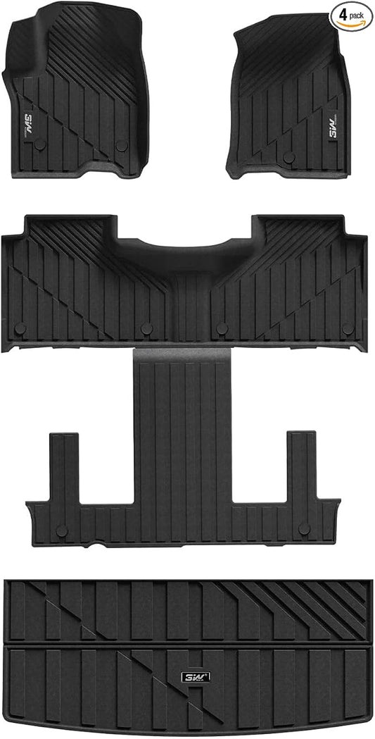 3W Floor Mats & Cargo Liner Fit for 2021 2022 2023 2024 2025 2026 Chevy Tahoe/GMC Yukon/Cadillac Escalade 7 Seat, TPE All Weather Custom Fit Car Accessories Heavy Duty Rubber Full Set Trunk Mats