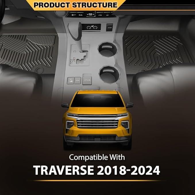 TPE Floor Mats Cargo Mats, Compatible with Chevy Traverse 2018-2024, 1st & 2nd & 3rd Row 4PCS with 2nd Row Bucket Seats, All Weather Full Cover Protection, Black Cargo Liner Interior Accessories