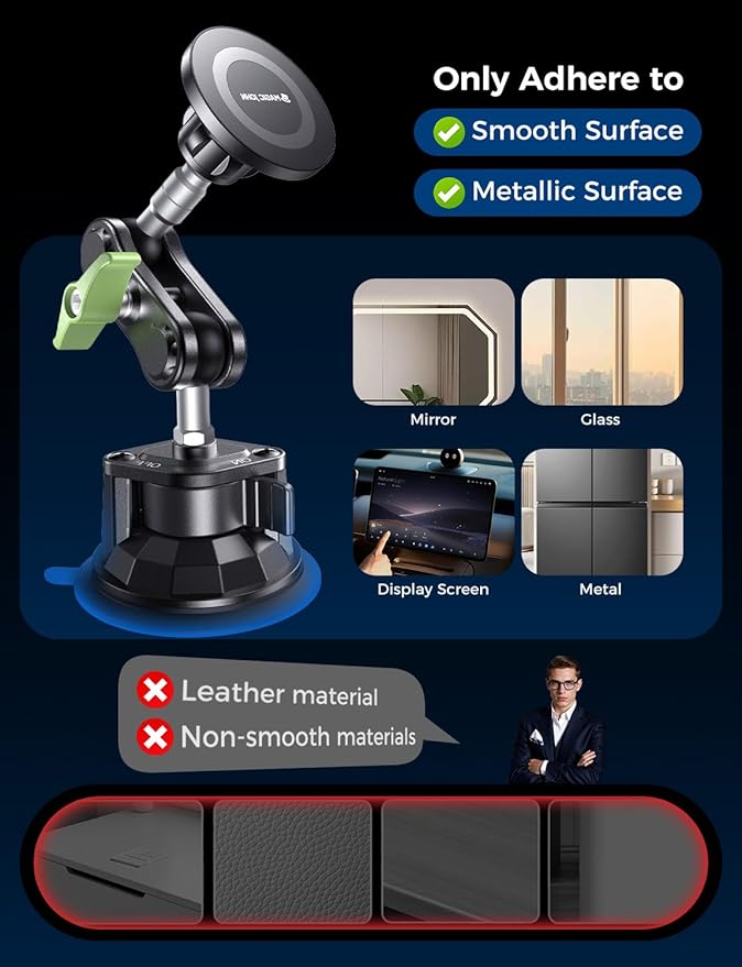 MAGIC JOHN Magnetic Car Phone Holder [Strong Suction&Strong Magnetic] 360° Adjustable Car Phone Mount for Windshield, Ultra-Durable Metal, Suction Cup Car Phone Mount for iPhone Samsung All Smartphone