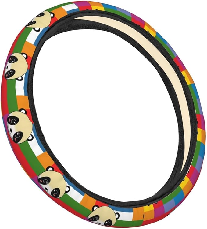 Rainbow Cute Panda Head Steering Wheel Covers Anti-Slip Elasticity Car Accessories Steering Wheel Protector Universal 15 Inch for Cars SUV Vehicle Truck