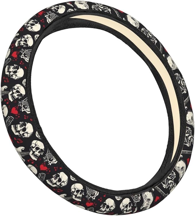 Rock Roll Skull Skeleton Love Music Steering Wheel Covers Anti-Slip Elasticity Car Accessories Steering Wheel Protector Universal 15 Inch for Cars SUV Vehicle Truck