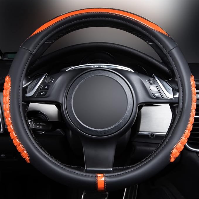 Flying Banner car Steering Wheel Cover Gel Massage Velvet Cool Warm Universal Size 15 inches SUV Truck Anti Slip Odorless Summer Winter (Black Orange, Gel Massage)