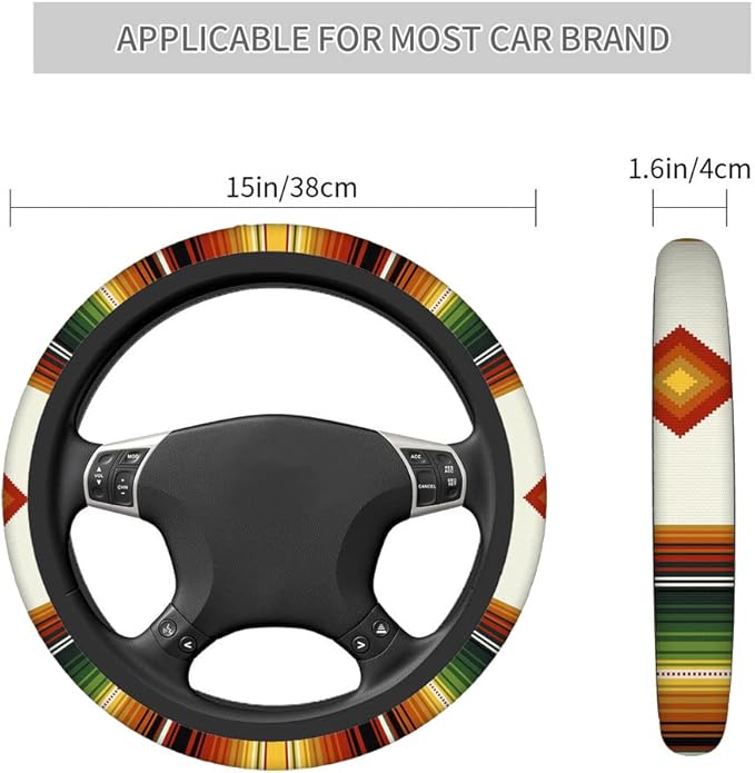 Swono Mexican Boho Steering Wheel Cover Colorful Stripes Geometric Universal 15 Inch Auto Car Steering Wheel Covers SUV Anti Slip Wheel Wrap Protector for Men Women