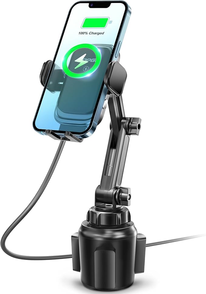 TOPGO [Upgraded Cup Phone Mount Wireless Charger, Universal Cell Phone Holder Car Charger Wireless Charger Cup Phone Holder Fast Charging for iPhone17 Pro Max, Samsung Galaxy - Black