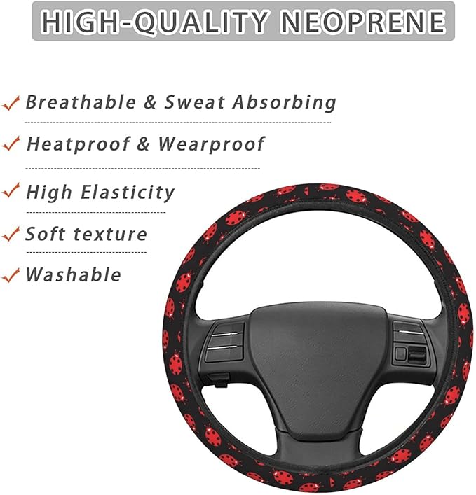 Red Black Ladybug Pattern Steering Wheel Covers Anti-Slip Elasticity Car Accessories Steering Wheel Protector Universal 15 Inch for Cars SUV Vehicle Truck