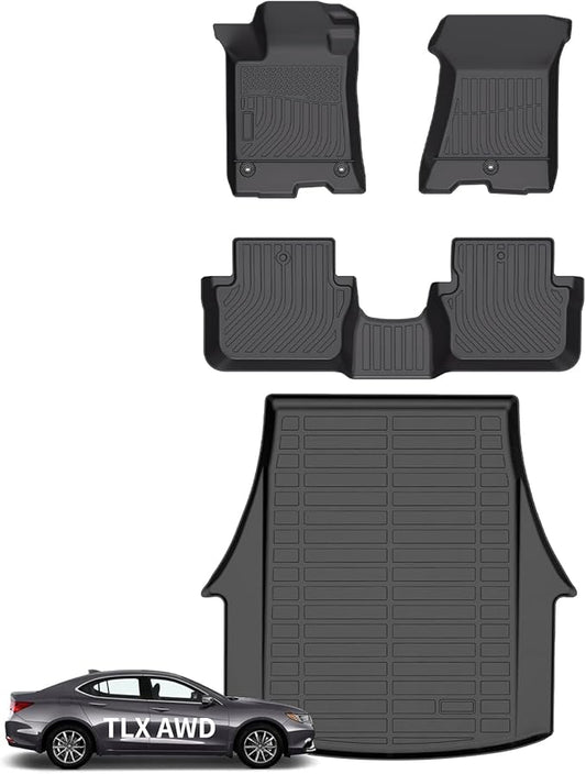Wayhigh-for Acura TLX AWD 2015-2020 All Weather Floor Mats and Cargo Liner Set TPE Car Mats Waterproof Heavy Duty Rubber Floor Liners TLX Accessories