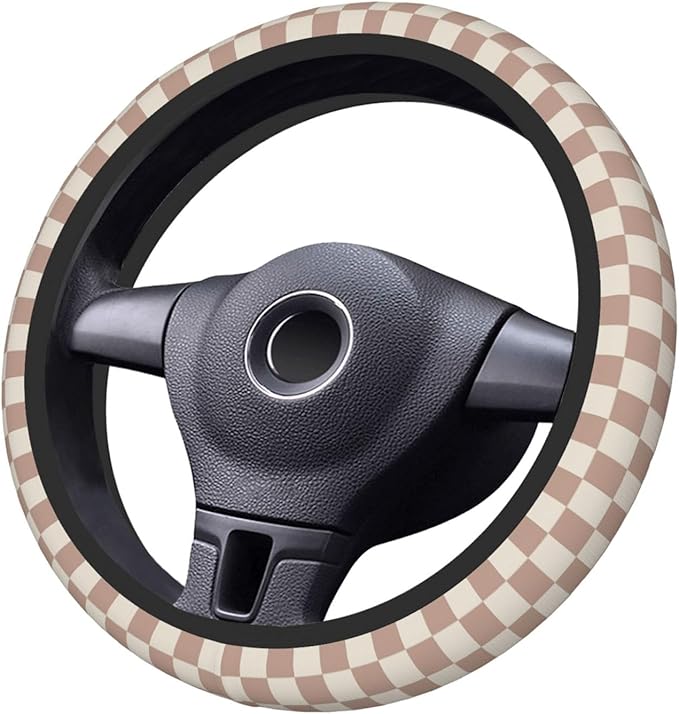 Khaki Checkered Steering Wheel Cover for Women,Universal Auto Steering Wheel 14-15 Inch Car Interior Accessories with 2PCS Car Coasters,Suitable for Men and Women