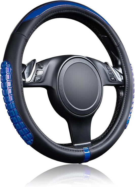 Flying Banner car Steering Wheel Cover Gel Massage Velvet Cool Warm Universal Size 15 inches SUV Truck Anti Slip Odorless Summer Winter (Black Blue, Gel Massage)